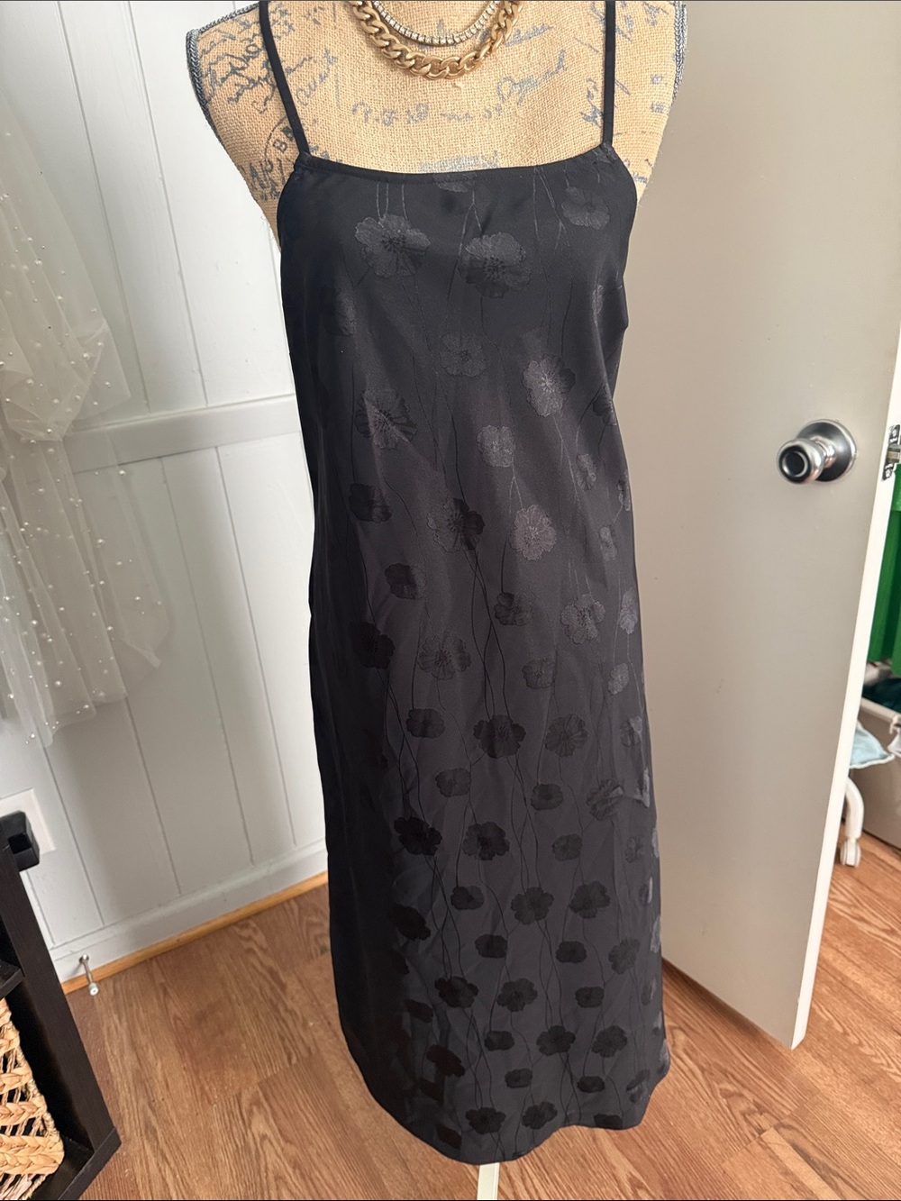 Black Floral Jacquard Slip Midi Dress with Spaghetti Straps